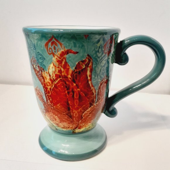 SUSAN WINGET THE STUDIO SHOP Footed MUG abstract Coffee Mug teal yellow orange - Picture 1 of 6